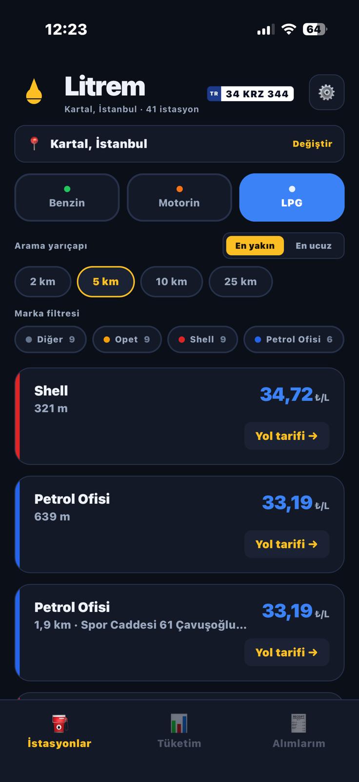Litrem — koyu temada LPG fiyatları