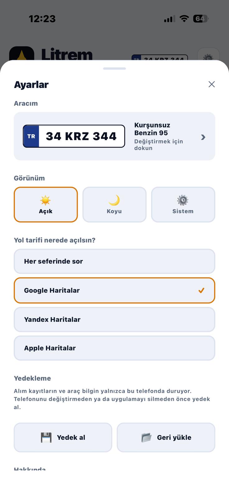Litrem — ayarlar, araç bilgisi ve yedekleme