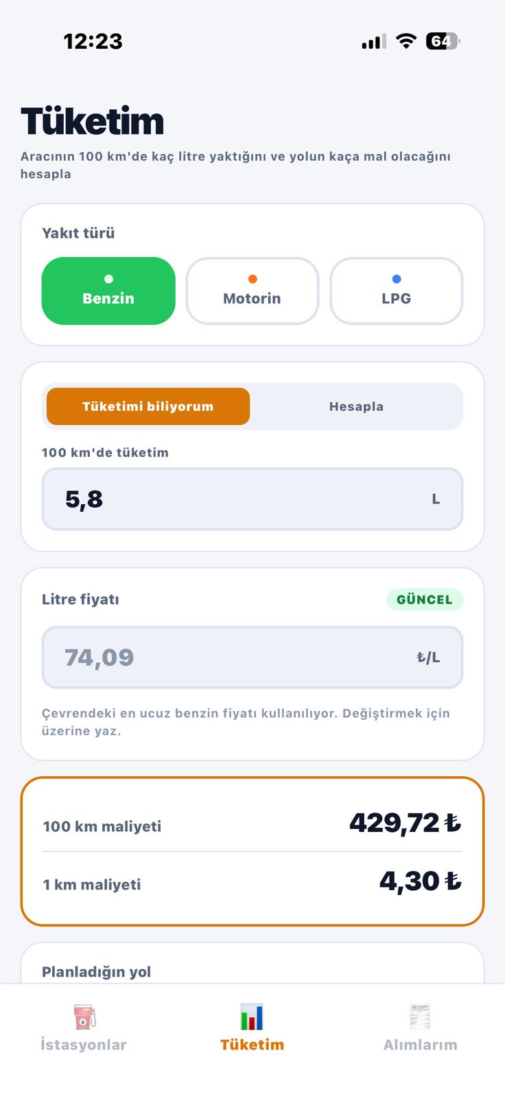 Litrem — 100 km ve 1 km yakıt maliyeti