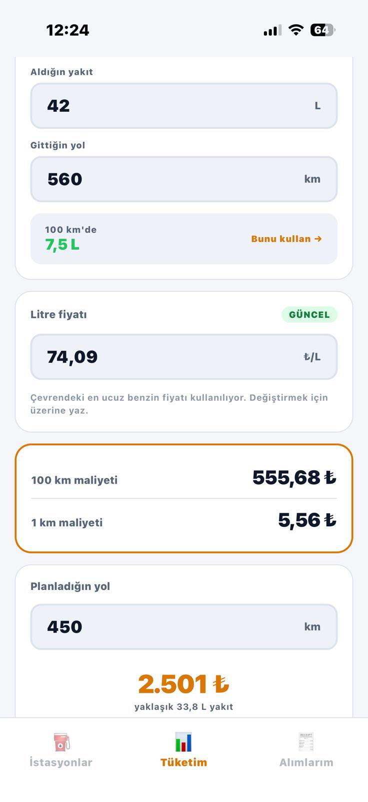 Litrem — ölçümle tüketim ve yol maliyeti hesabı