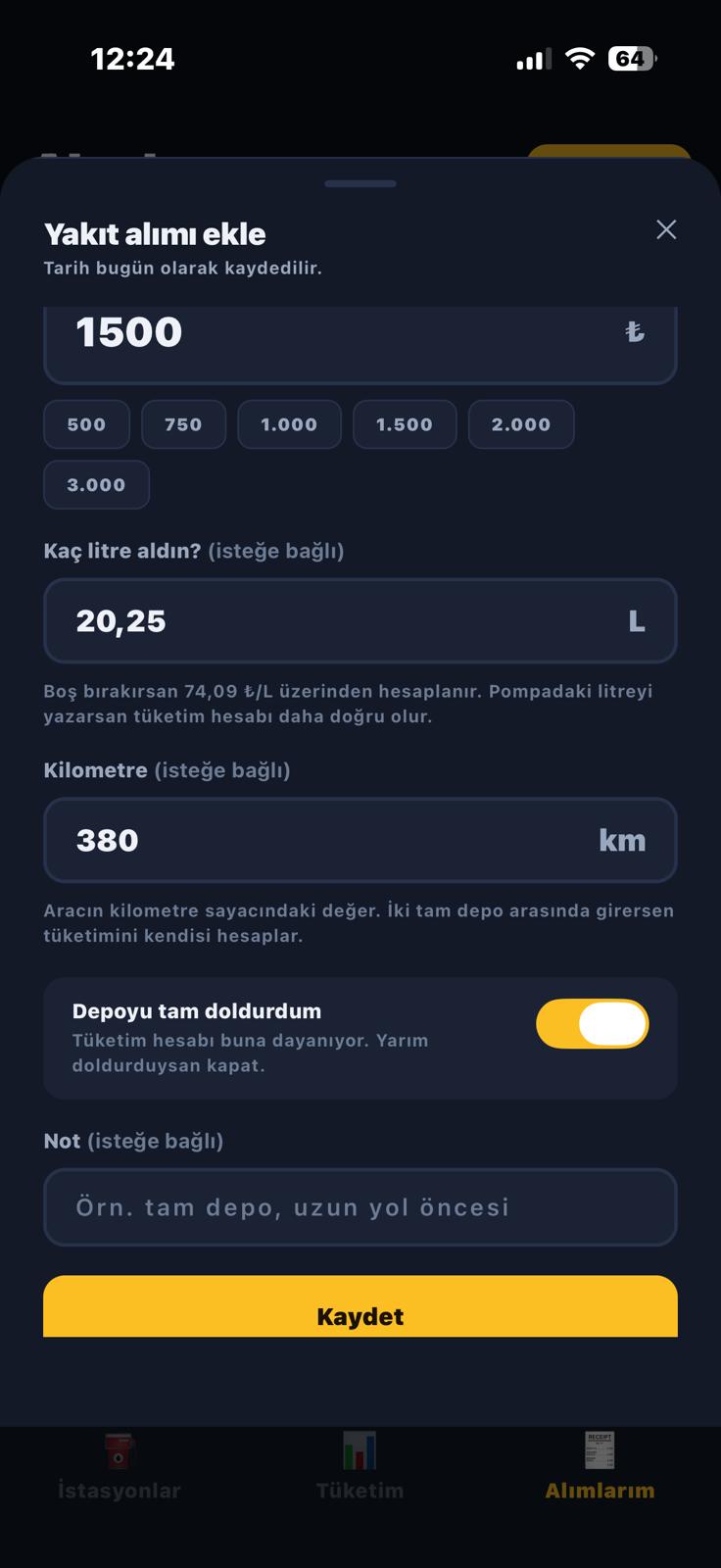 Litrem — yakıt alımı ekleme ekranı