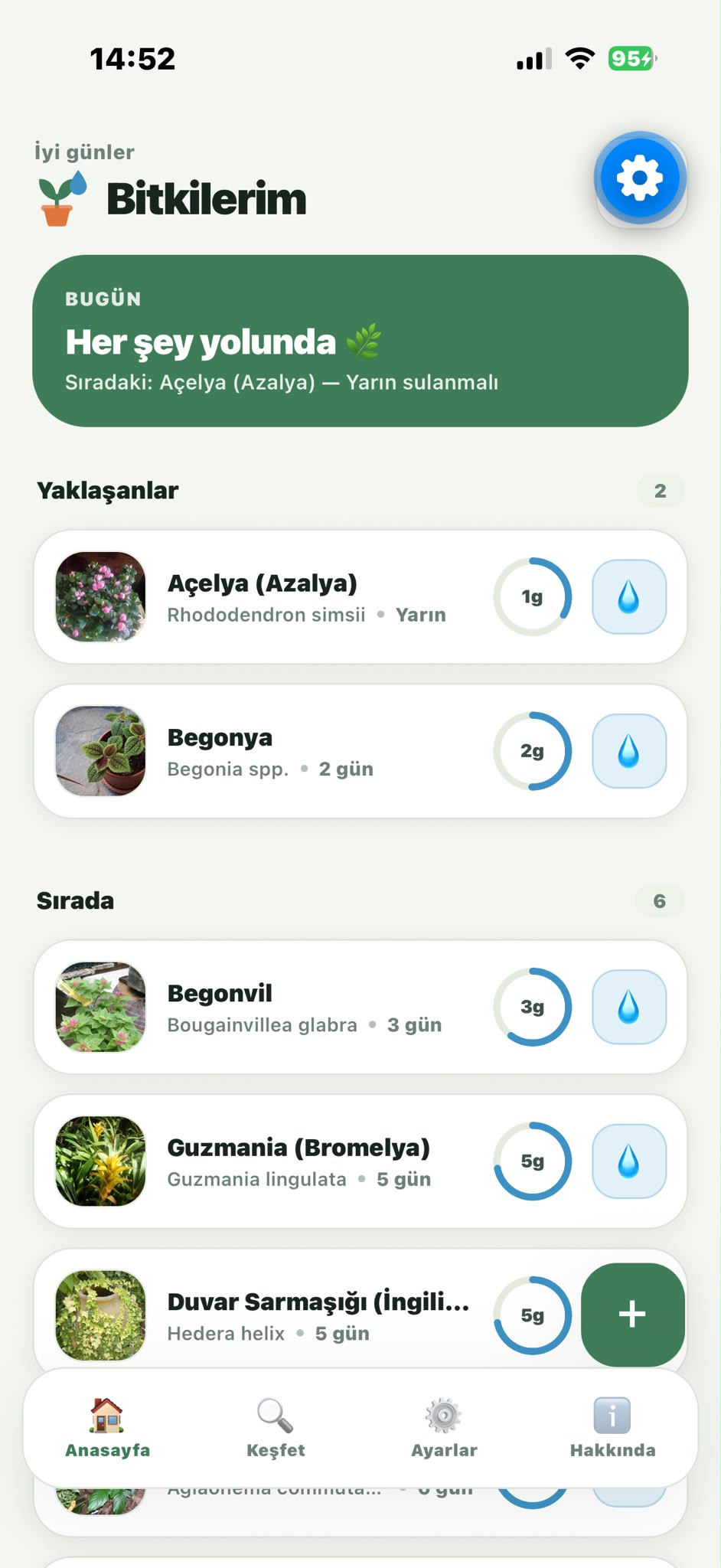 Bitkimi Suluyorum — anasayfa; yaklaşan ve sıradaki sulamalar, her bitkinin fotoğrafı ve kalan gün halkası