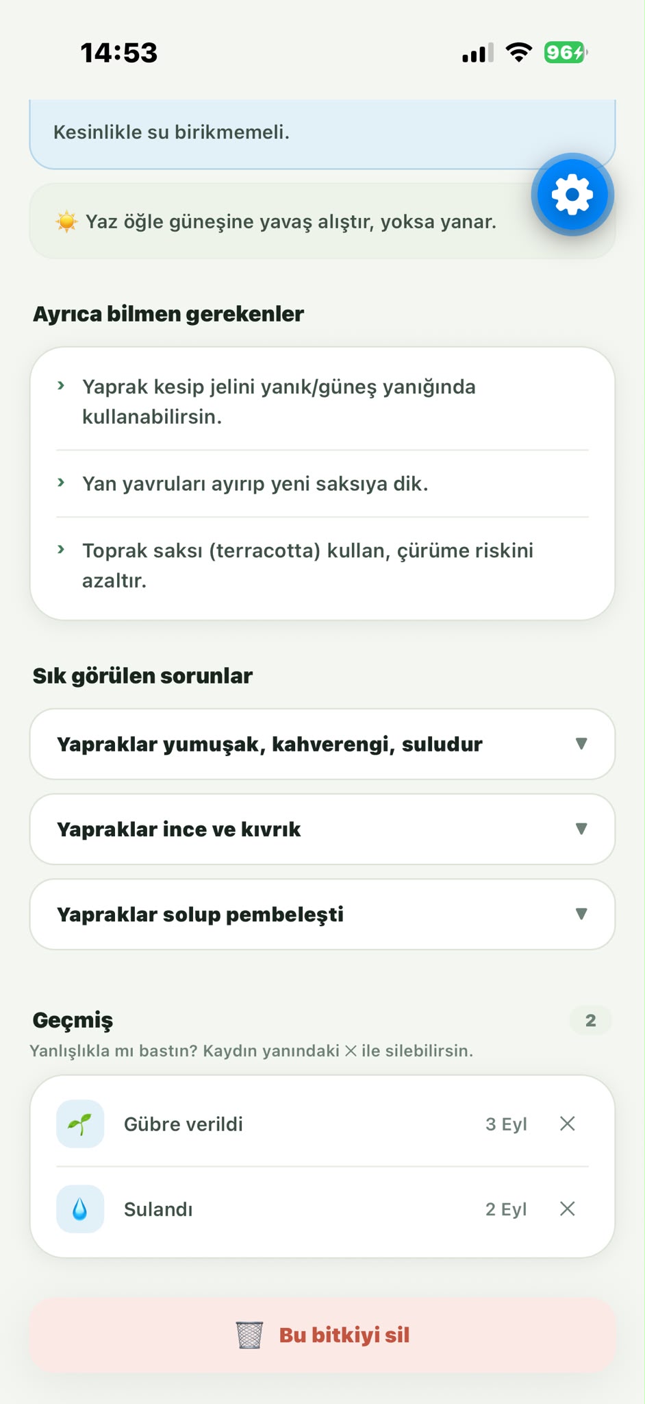Bitkimi Suluyorum — ayarlar; bildirim saati ve telefonun takvimine kayıtlı hatırlatmalar